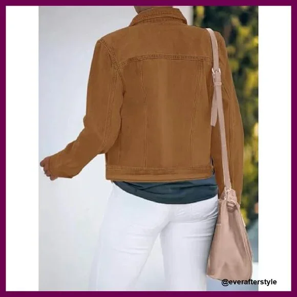 Stretch Fitted Denim Jacket Long Sleeve Button Down Classic Chic Y2K - Picture 4 of 8